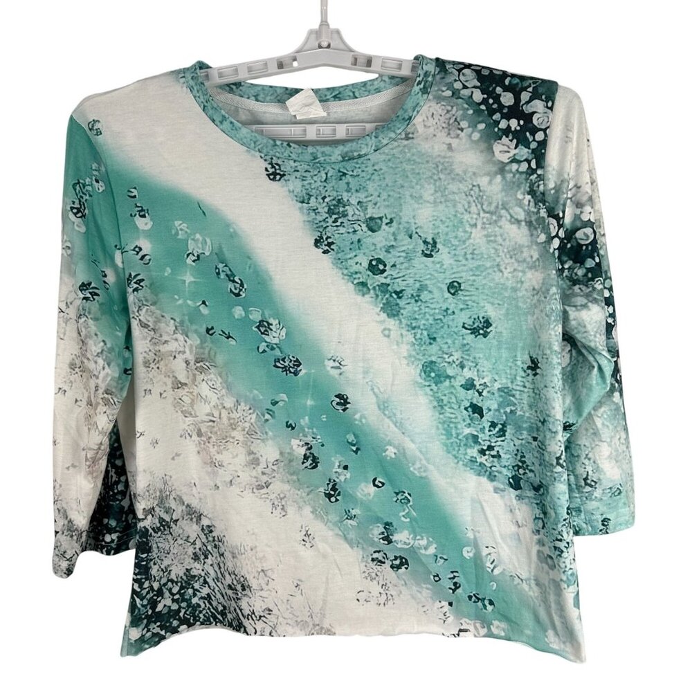 Abstract Floral Green & White Long Sleeve Blouse Womens Size Large Polyester